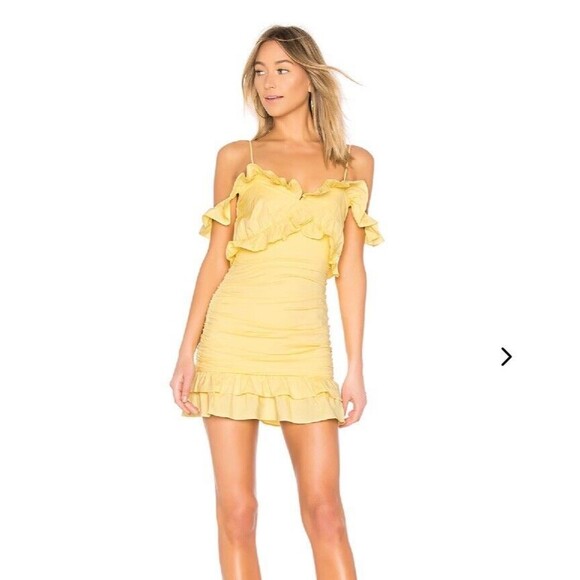 Revolve Lovers + Friends Mini Dress M Daffodil Ruched Ruffle Donna Cut Out - Picture 1 of 9